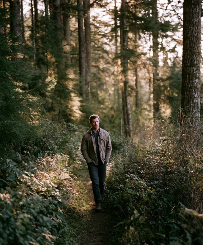 A man walking forward along a sunlit forest trail, addiction counselling in New Westminster