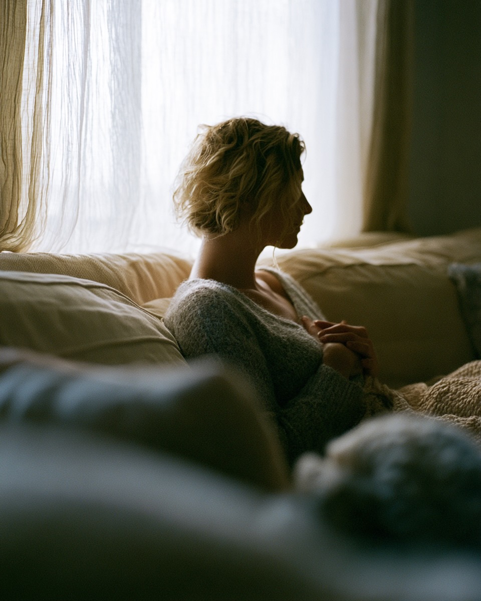 A woman sitting quietly by a soft, sunlit window
